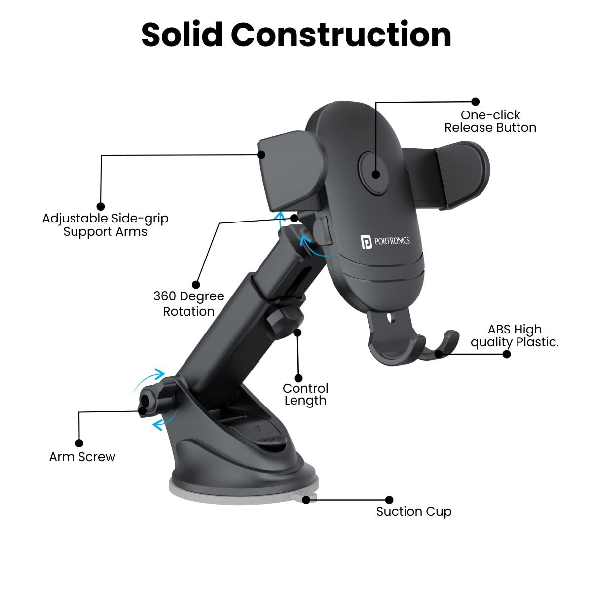Portronics Clamp M2 Adjustable Car Mobile Phone Holder Stand for Dashboard & Windshield, 360° Rotational, Strong Suction Cup, Compatible with 4 to 6 inch Devices(Black) - Image 3