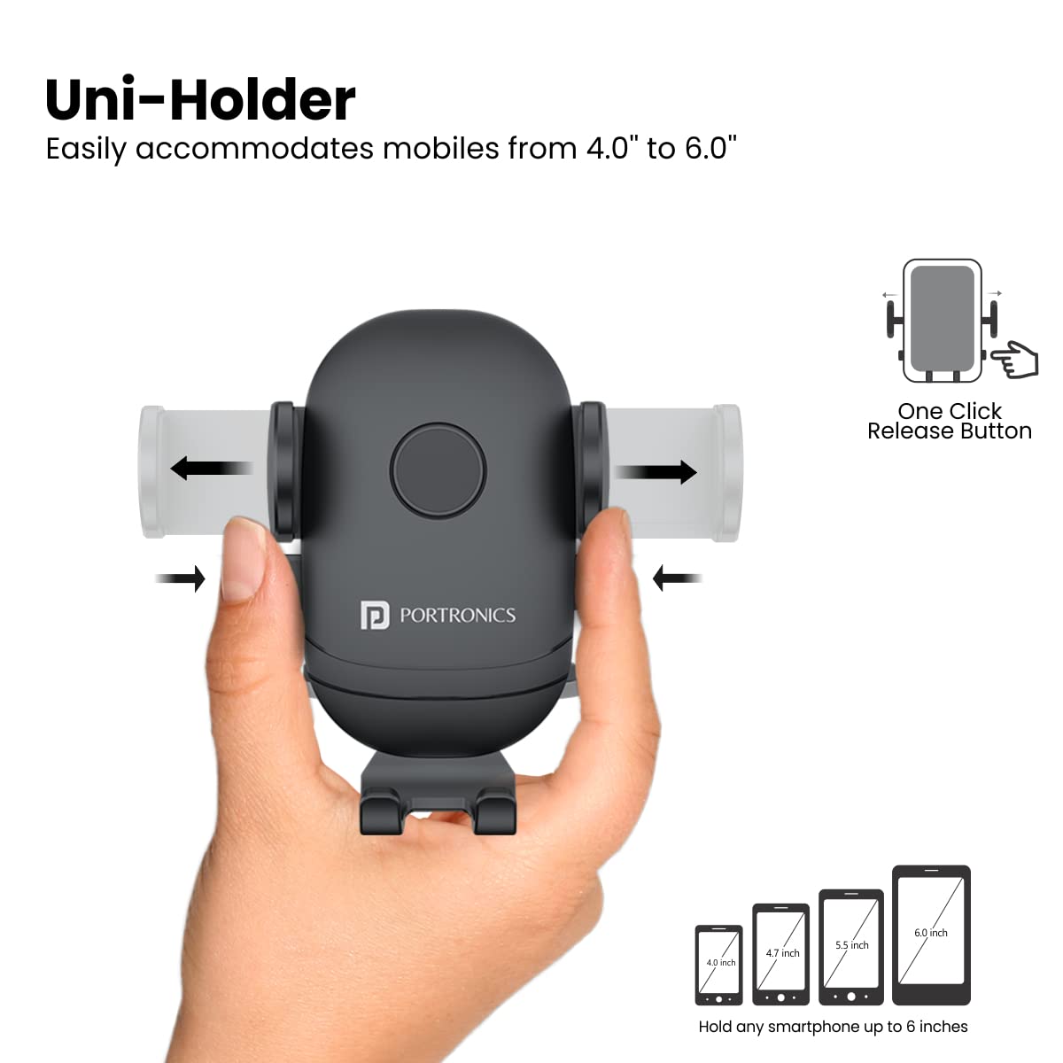 Portronics Clamp M2 Adjustable Car Mobile Phone Holder Stand for Dashboard & Windshield, 360° Rotational, Strong Suction Cup, Compatible with 4 to 6 inch Devices(Black) - Image 2