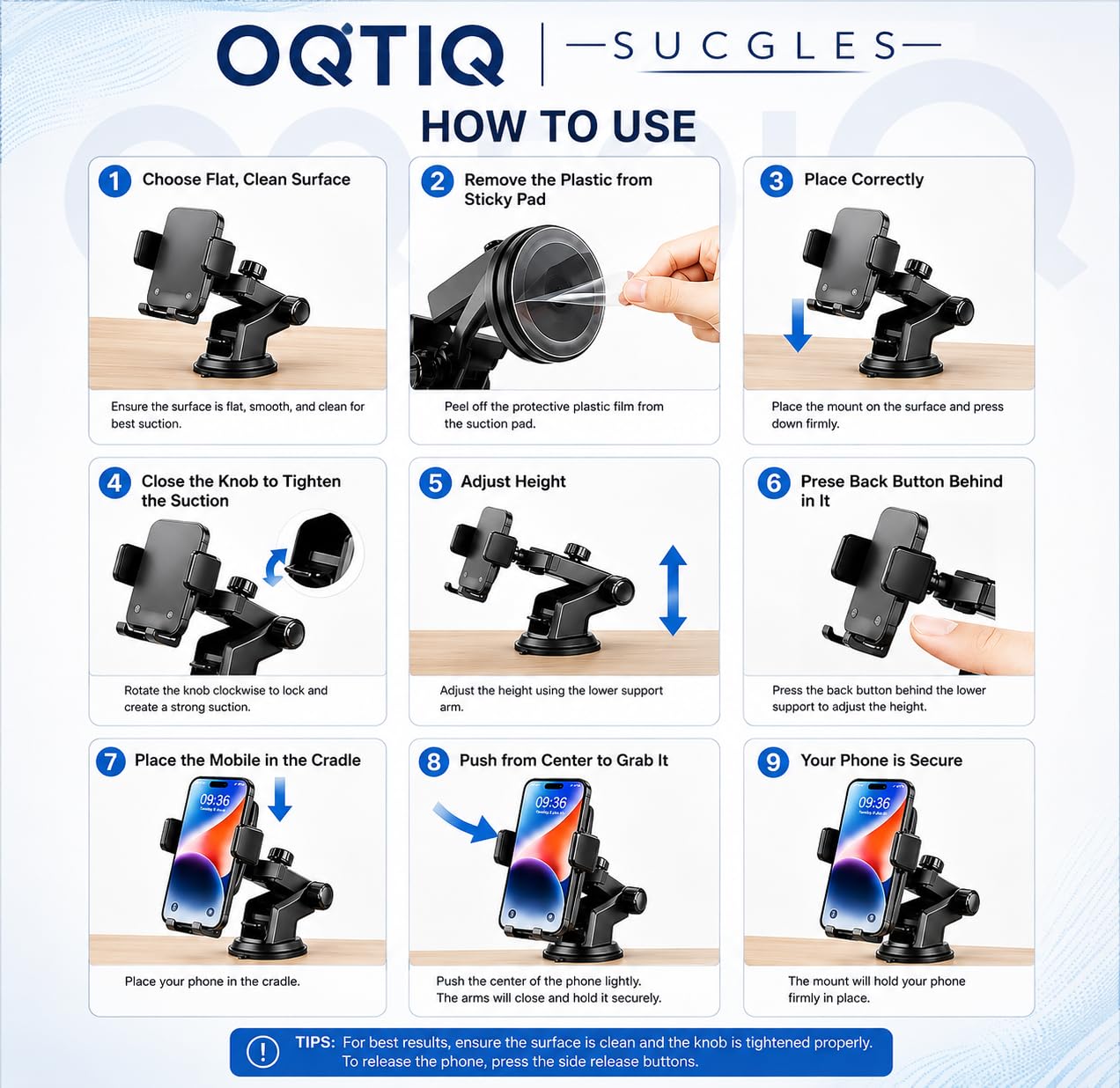 OQTIQ SUCGLES Easy One Touch Car Phone Holder, Dashboard & Windshield Mobile Mount with Suction Cup, Telescopic Arm & 360° Rotation, Universal Stand for iPhone, Samsung & All Smartphones - Image 2