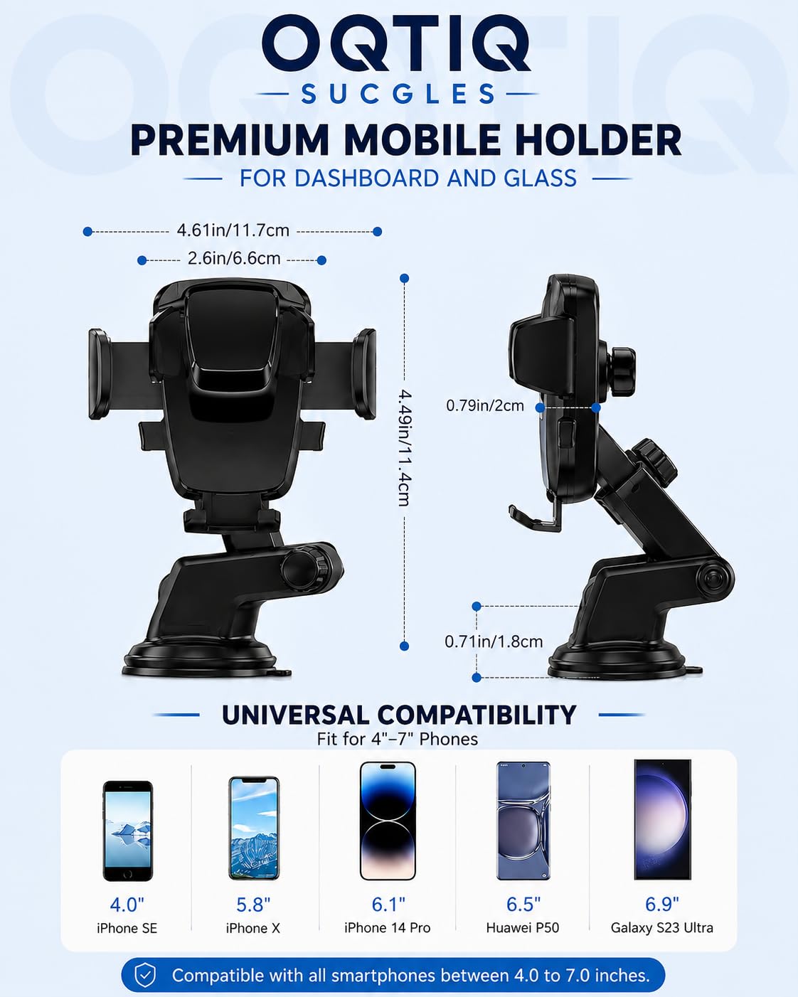 OQTIQ SUCGLES Easy One Touch Car Phone Holder, Dashboard & Windshield Mobile Mount with Suction Cup, Telescopic Arm & 360° Rotation, Universal Stand for iPhone, Samsung & All Smartphones - Image 3