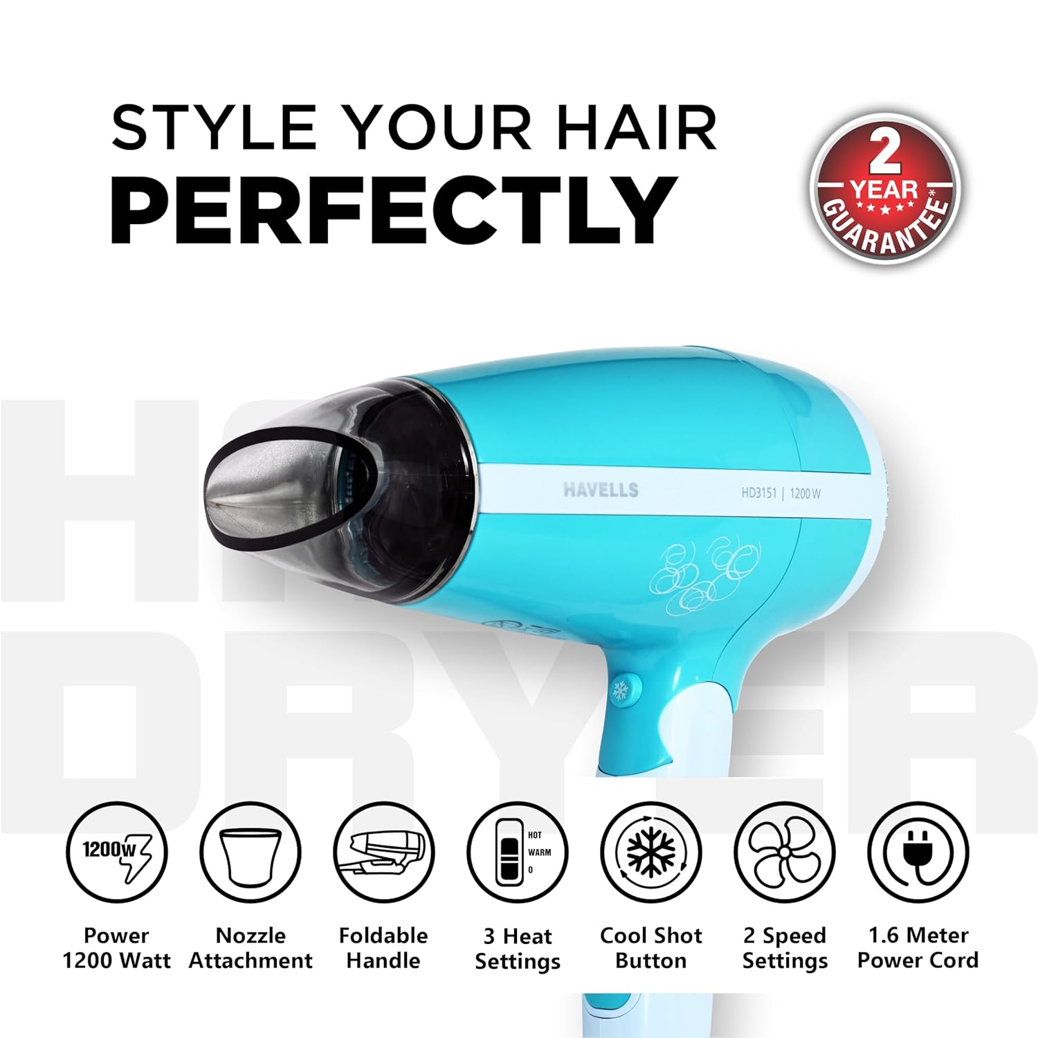Havells HD3151 1200 W Foldable Hair Dryer; 3 Heat (Hot/Cool/Warm) Settings Including Cool Shot Button; Heat Balance Technology, Turquoise - Image 2
