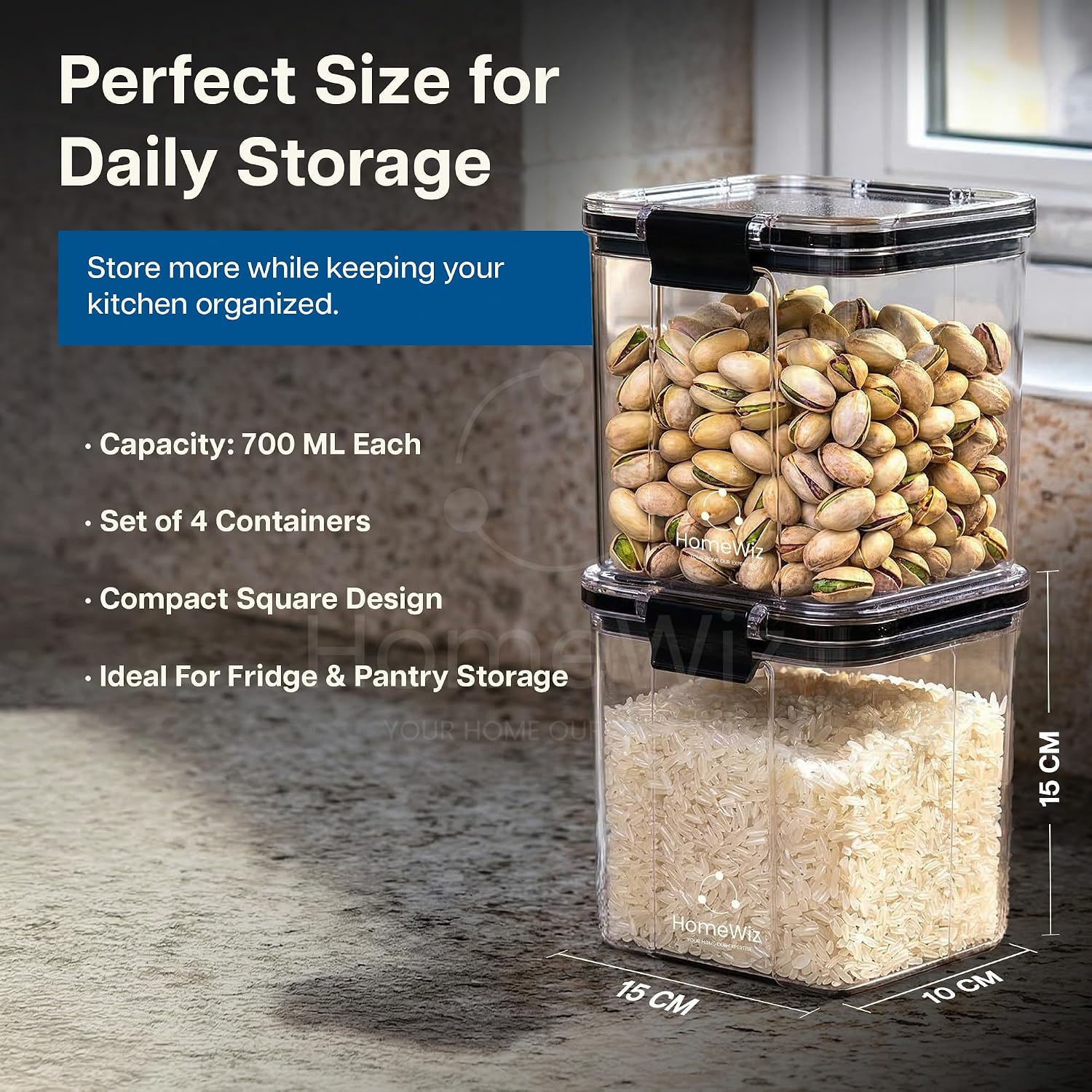 HomeWiz Airtight Kitchen Storage Box 700ml x8 | Containers For Kitchen Storage Set | Food Grade BPA-Free Kitchen Containers Set With 2 Side Clip-Lock | Stackable, For Pantry and Fridge Storage - Image 3