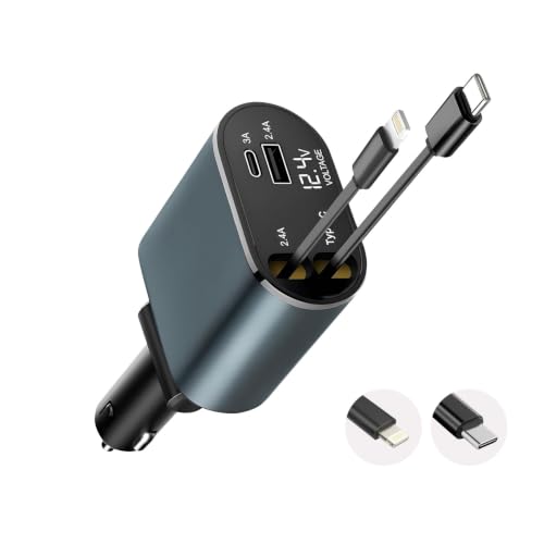Prolet® 120W 4 in 1 Car Charger with 2 Retractable Cable (Type C & iPhone), 1 USB & 1 Type C Port- Universal Car Charger Compatible with All Android & iPhone Series 18/17/16/15/14/13/12/11