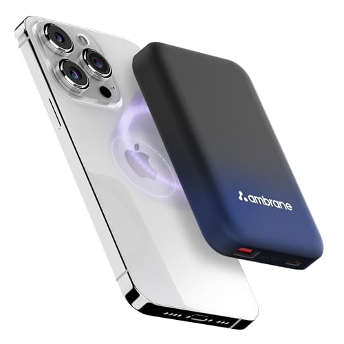 Ambrane Magsafe Wireless 10000Mah Fast Charging USB Type-C Input Power Bank, Strong Magnet, 22.5W Output For iPhone 12 & Above, Android & Other Qi Enabled Devices + Magnetic Ring (Aerosync Snap, Blue)